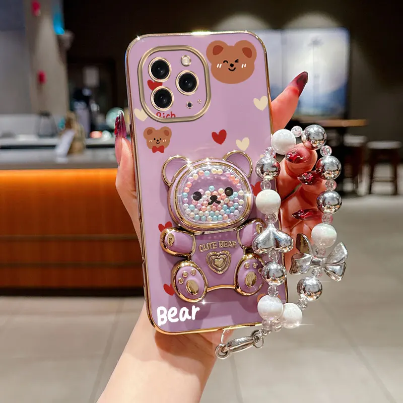 Pearl Strap Lanyard Love Bear Phone Holder Case - Anti-Knock Cover