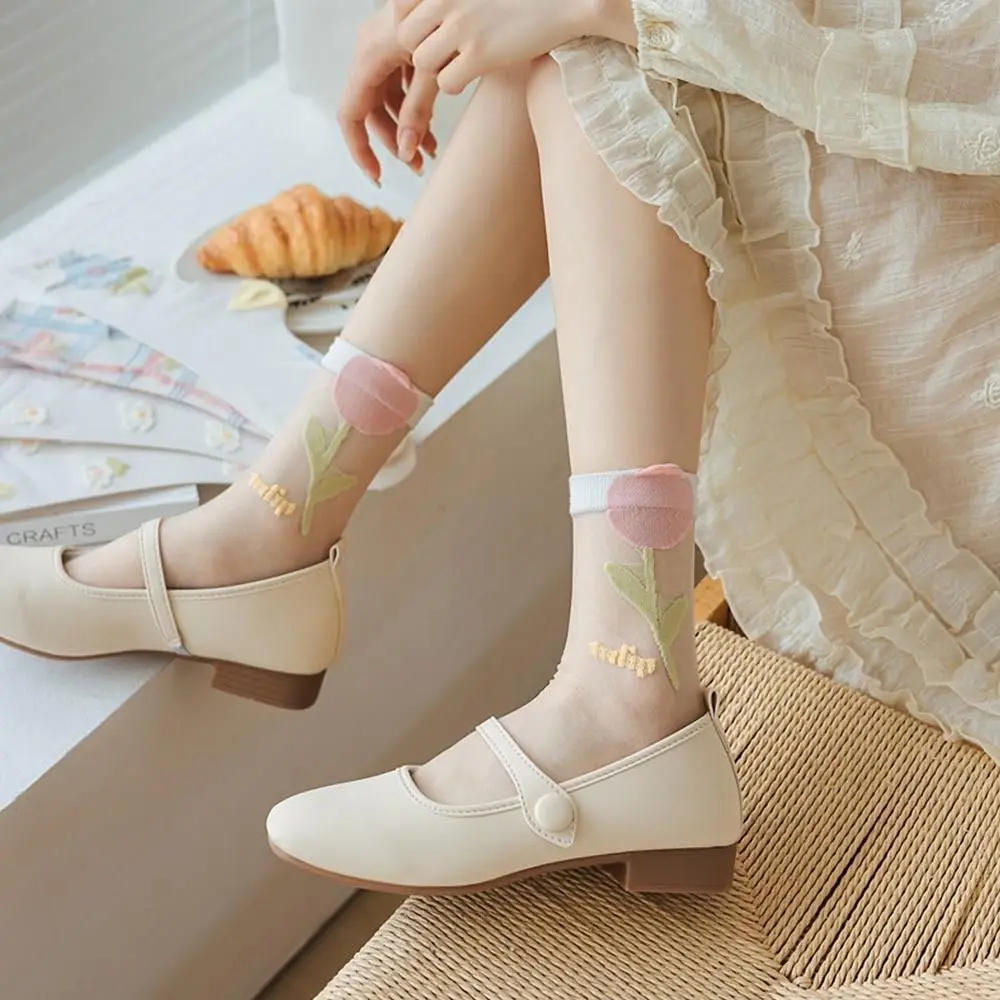 

Transparent Ultra-Thin Anti-Abrasion Foot Glass Silk Crystal Silk Socks Harajuku Flower Socks Breathable Elastic Long Socks