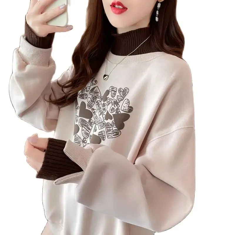 Autumn Winter Fake Two Thick Pieces Casual Sweatshirts New Fashion Loose Long Sleeve Printed Plus Fleece Top Women'S Clothing