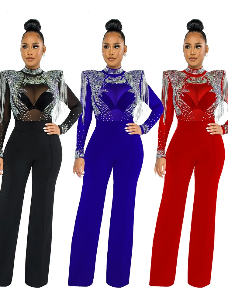 

High quality Women Luxury One Piece Jumpsuit Shoulder Pad Mesh See Through Rhinestone inlay tassel jumpsuit for women