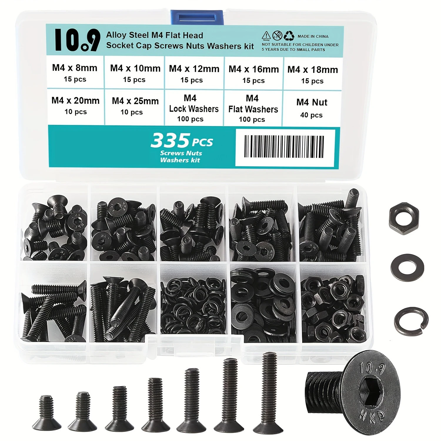 M4 x 8mm 10mm 12mm 16mm 18mm 20mm 25mm 30mm 35mm 40mm 45mm 50mm Flat Head Hex Socket Cap Screws Countersunk Bolts 335PCS/200PCS