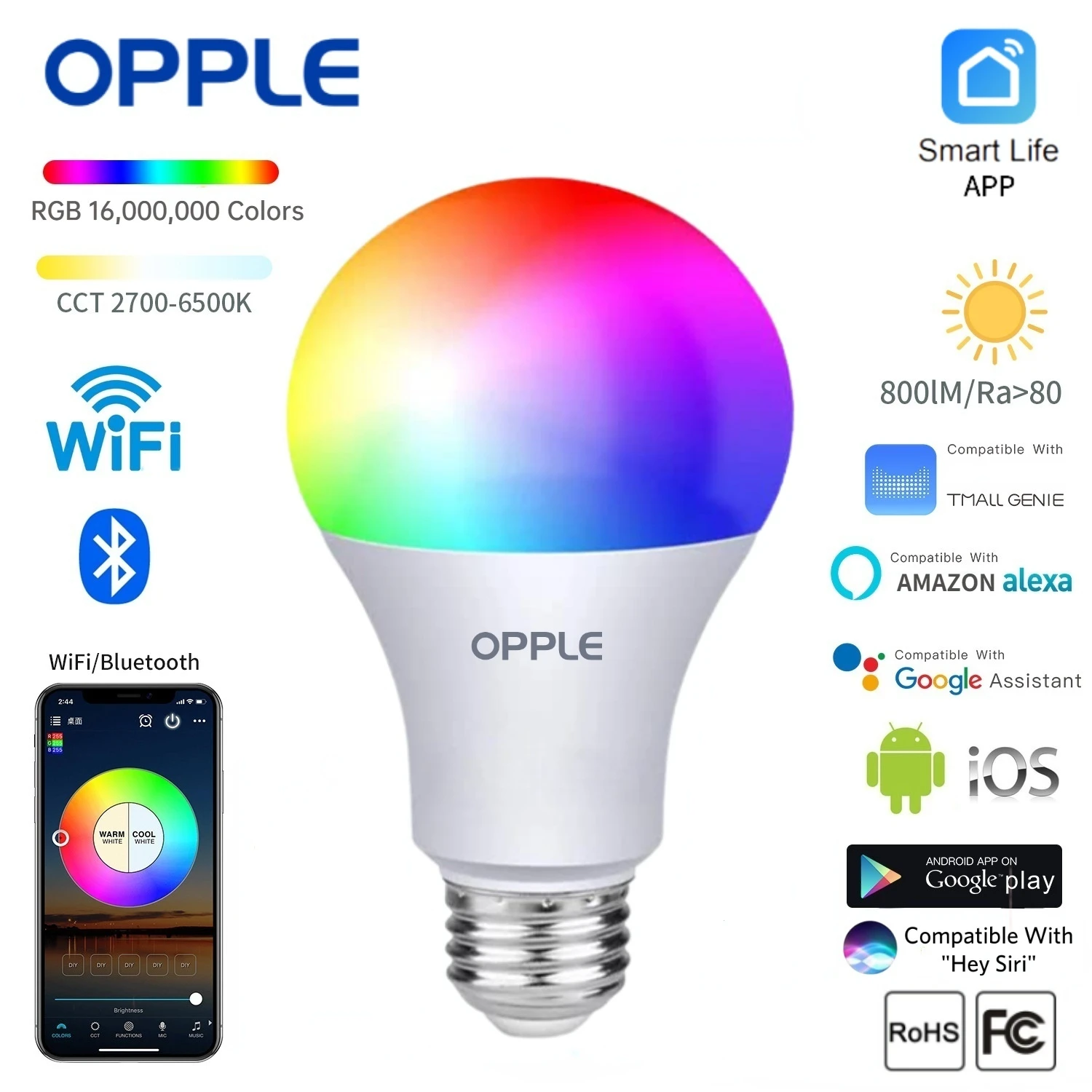 OPPLE RGB Smart Bulb App Control E27 E26 9W RGB Alexa Google Remote Siri Home Wifi Bluetooth Voice  IOS Android Universal