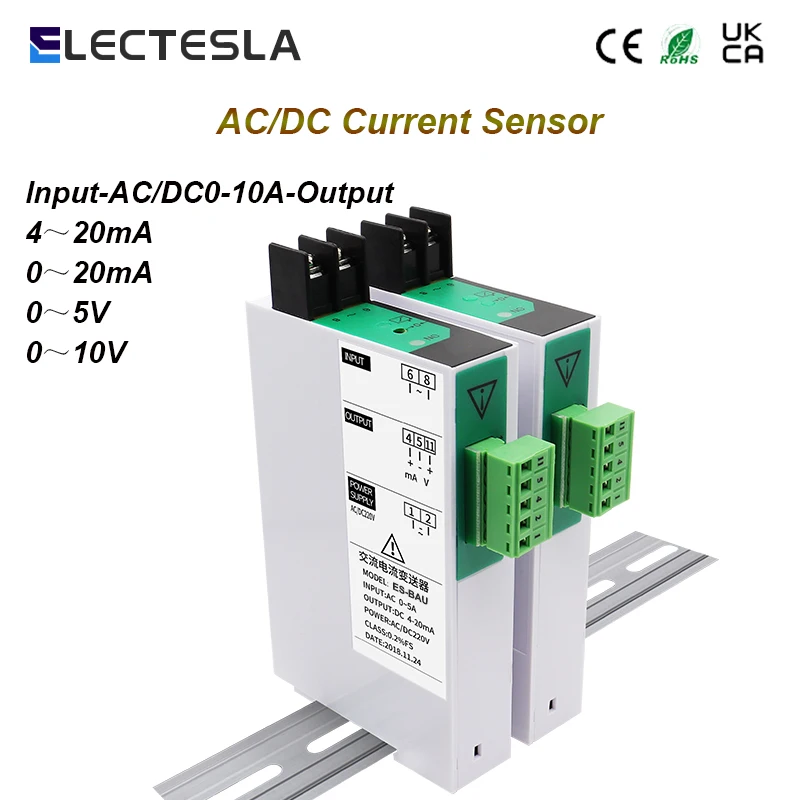 

AC DC Current Transmitter Sensor 1A 5A 10A Input 4-20mA 0-5v 0-10V Output AC Current Transmitter DC 24V/220V Power Supply