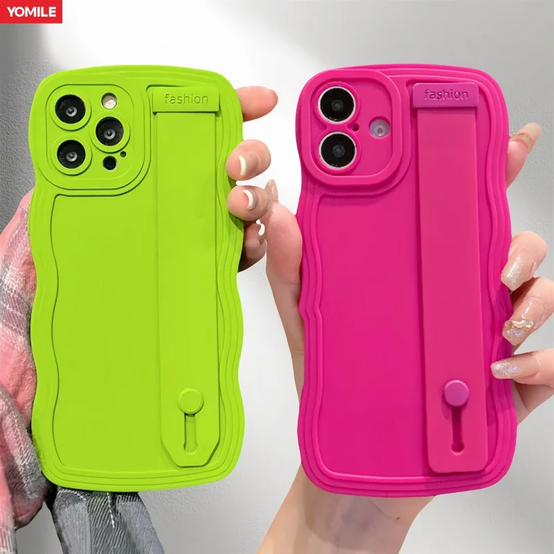 Chic Candy Color Silicone Phone Case with Wave Wrist Strap and Stand Functionality
