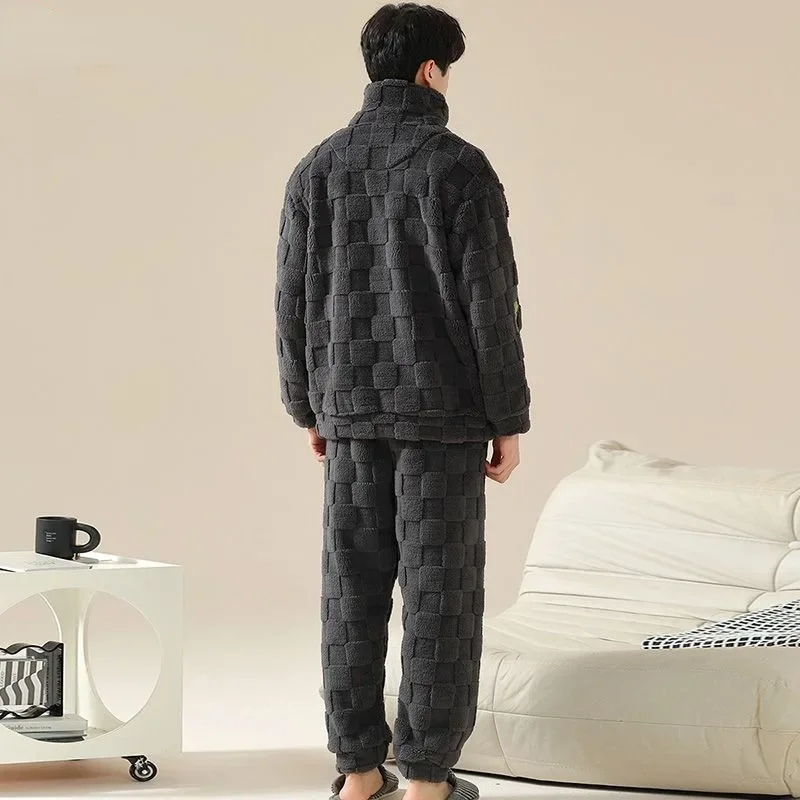 Stand Collar Coral Velvet Men Pajamas Simple Casual Sleepwear Autumn Winter Handsome Teenagers Loungewear Zipper Hooded Homewear