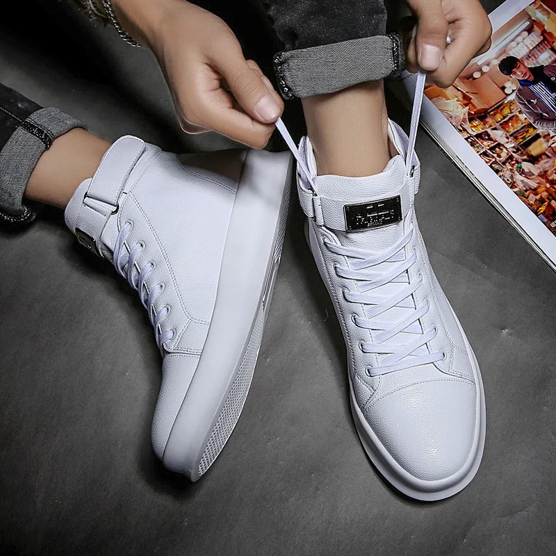 Ankle Boots Autumn Men High-cut Solid Sneakers Lace-up Motorcycle Boots Platform Skateboard Sport Trainers Shoes Nightclub Shoes mens leather boots motorcycle leather boots