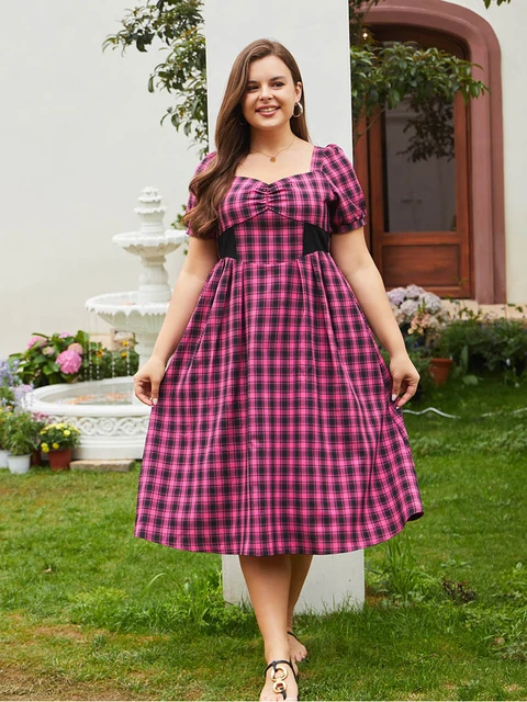 Cute Plus Size Women Clothing Dresses Elegant Short Sleeve Pink Plaid Midi  Dresses Boho Plus Size Long Women Summer Dresses 2023 - AliExpress