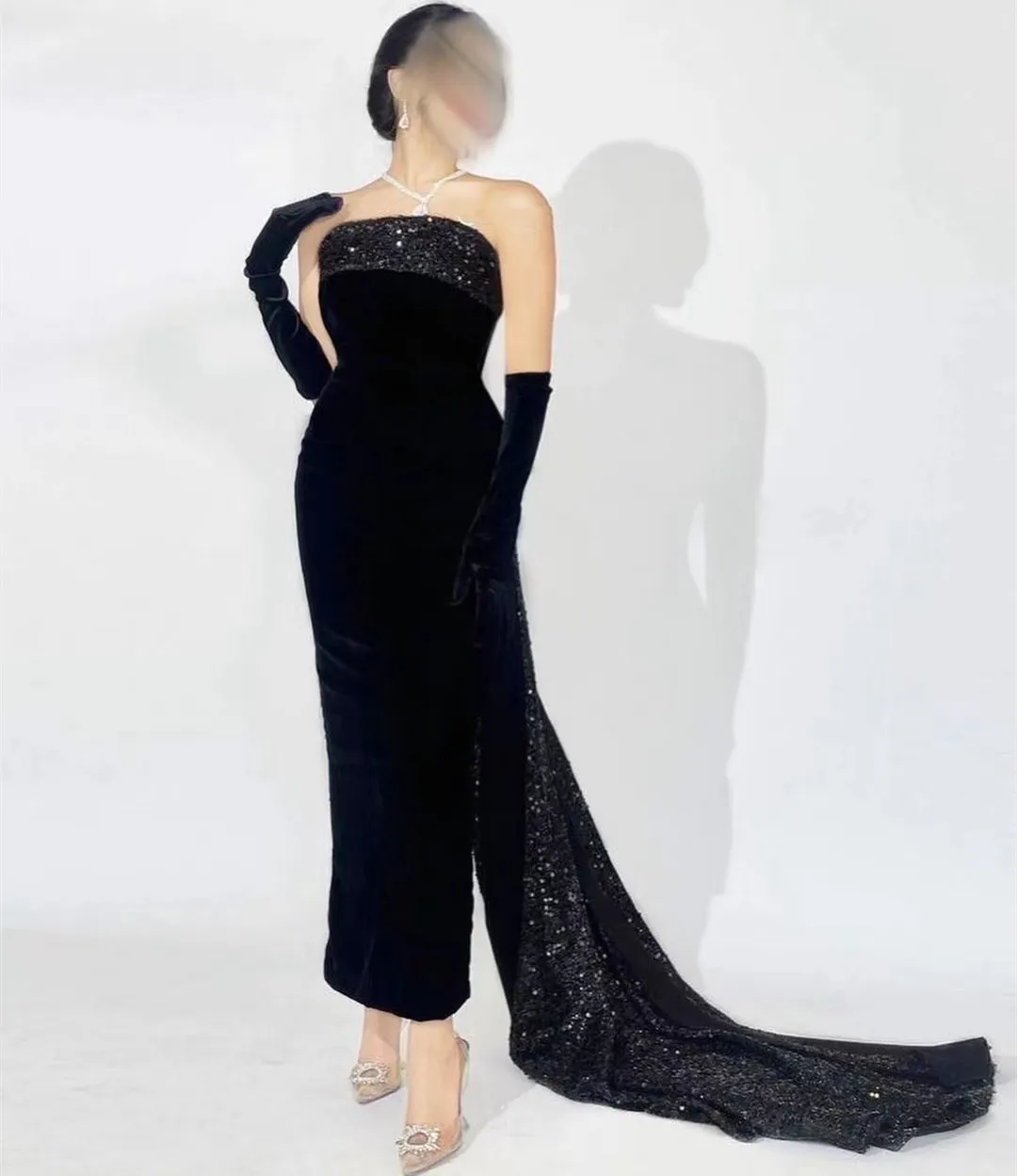 

Fashionvane Ankle Length Prom Dresses Women Black Strapless Sequins Long Sweep Train Saudi Arabia Women Wear Evening Gowns