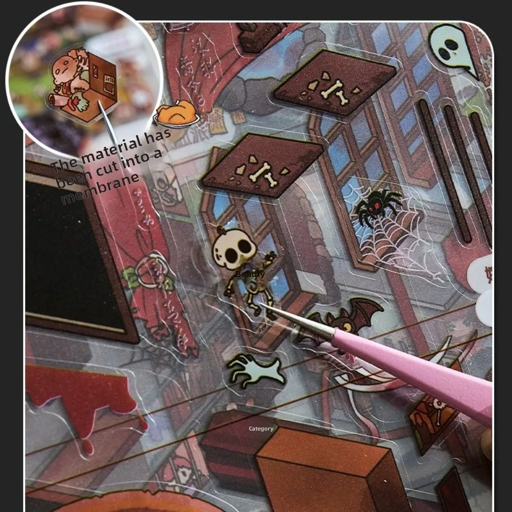 New Horror Theme Cabin Scene Stickers PET 3D Miniature Houses DIY Crafts Cartoon Town Visual Stacking Sticker Creative Play