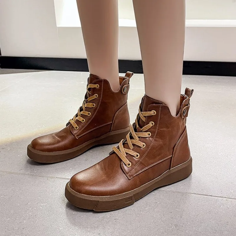 2023 New Women Platform Ankle Boots Pu Leather Lace Up Motorcycle Booties Female Autumn Non-Slip Platform Botas Woman