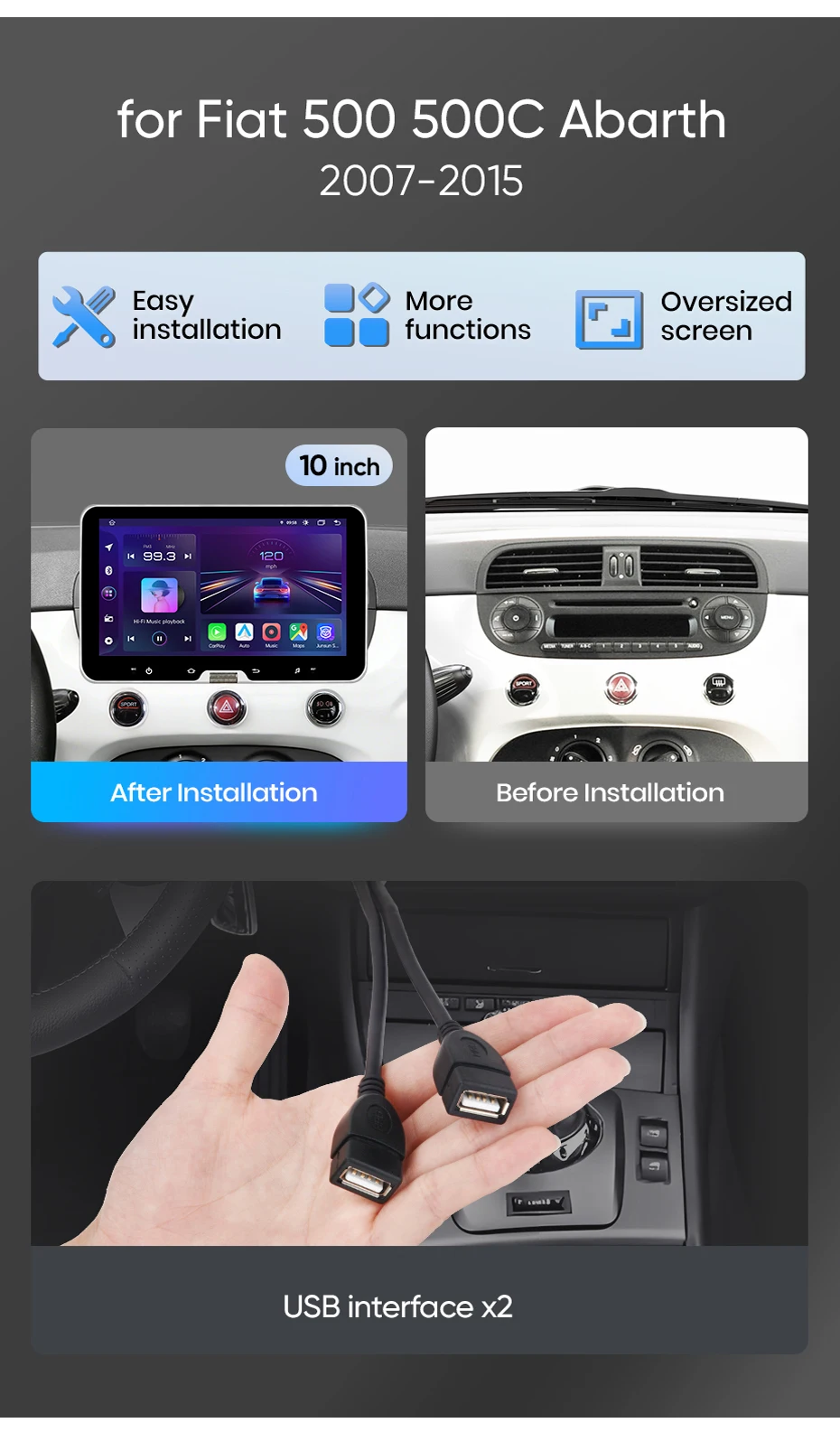 Android Autoradio für Fiat 500 500C Abarth 2007-2015 CarPlay, GPS-Navigation, Smart-System und FM-Radio