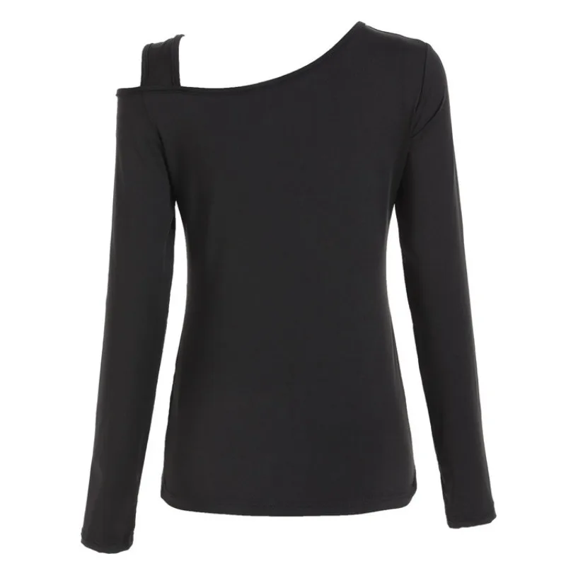 Women's Diagonal Collar T-shirts, Long Sleeve, Slim Fit Clothes, Black Tees, Monochromatic, Spring and Autumn Fashion, 8008