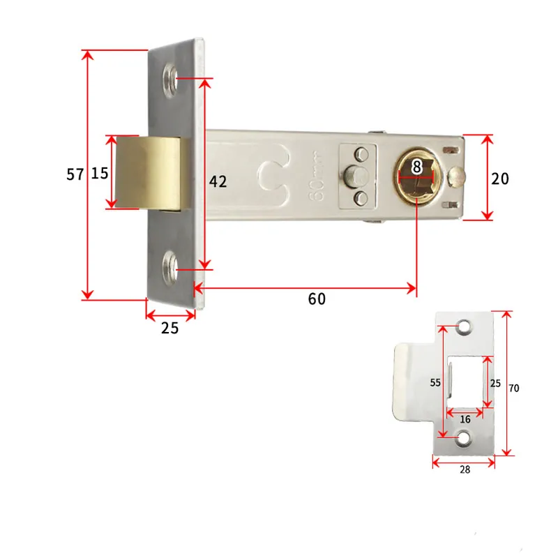 Single bolt lock body Brass lock tongue lock margin 60MM Lockable Toilet bolt Bathroom toilet