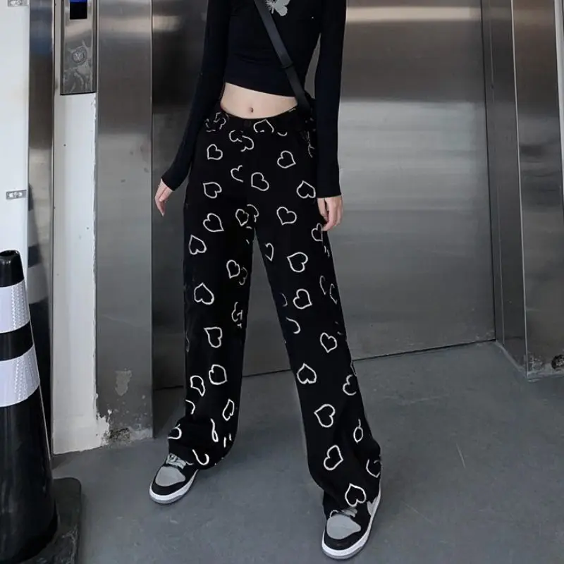 HOUZHOU Hip Hop Wide Leg Pants Women Vintage Korean Style Oversize Trousers For Female Fashion 2021 Spring Harajuku Heart Print