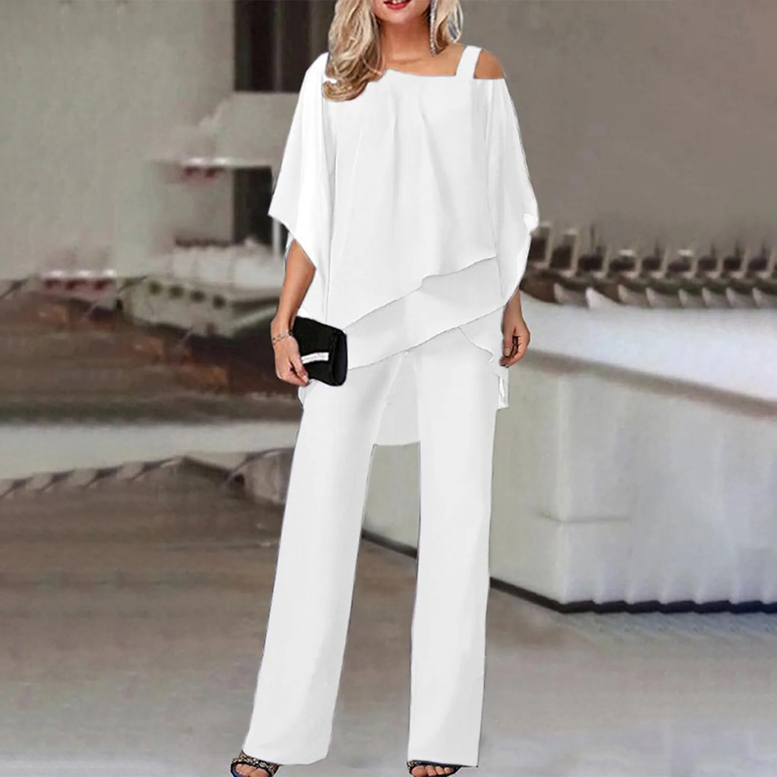 

Women Off Shoulder Pant Suit Chiffon Batwing Sleeve Irregular Blouse Straight Trouser Spring Summer Party Business Shirt Outfits