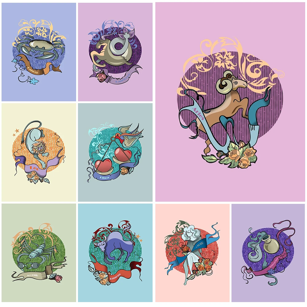 Cartoon 12 Constelaciones Tauro Leo Poster Escorpion Wall Art Canvas Painting Home Decor Immagini A Parete Per Soggiorno Senza Cornice