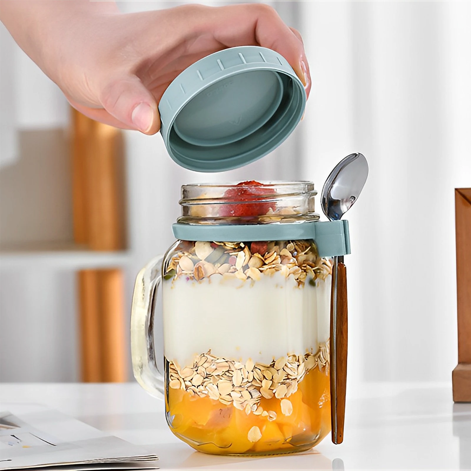Reusable Overnight Oats Jars Container With Lid And Spoon Bedside Water Carafe with Tumbler Glass Water Pitcher Set with Cup 3