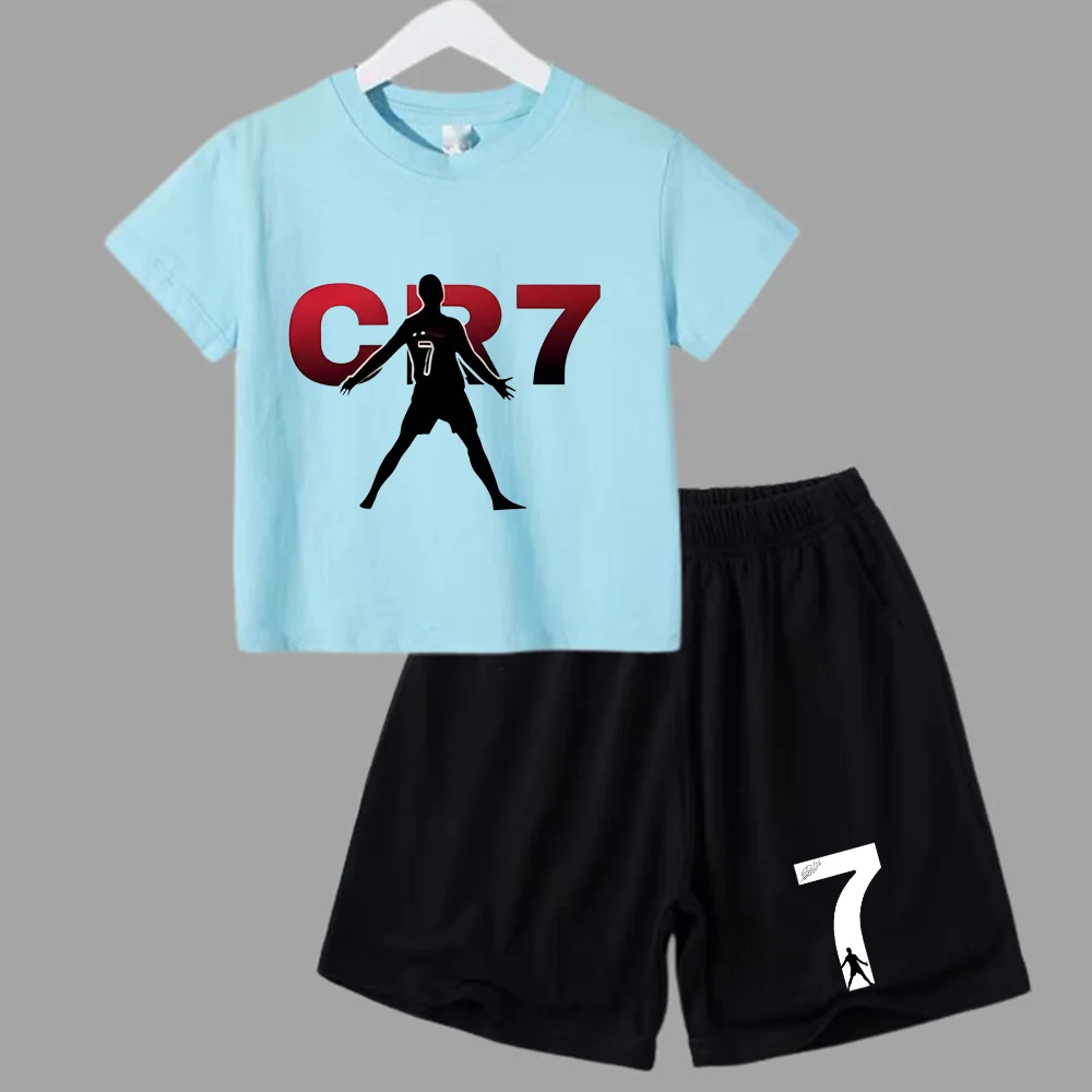 thumbnail image 1 of Traje deportivo de verano CR7 Ronaldo para niños de 2 a 14 años, conjunto de 2 piezas, camisetas de manga corta informales y pantalones cortos, conjuntos de ropa de ídolo para niños, 1 of 5