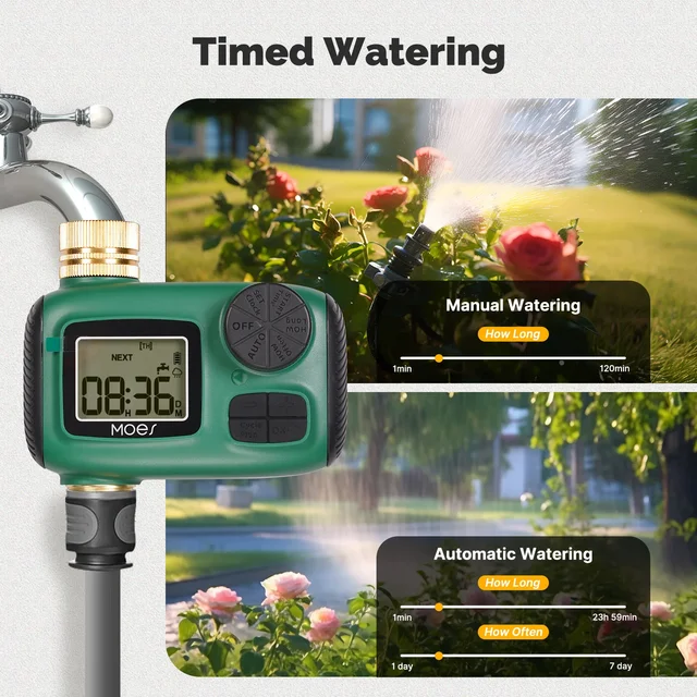 MOES Water Timer 1-Outlet Brass Inlet Rotary Knob Button Control With LCD Display Screen IP55 Waterproof Rain Delay Child Lock 2