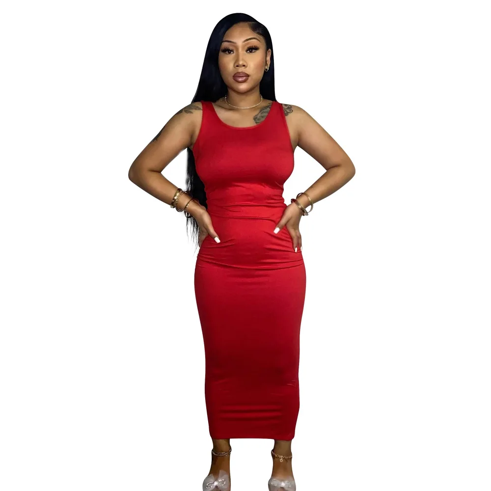 Sleeveless Round Neck Dress Bodycon Solid Color Sexy Slim Fit and Ankle Skirt Fashion Club Casual Summer Women Clothing mother of the groom dresses