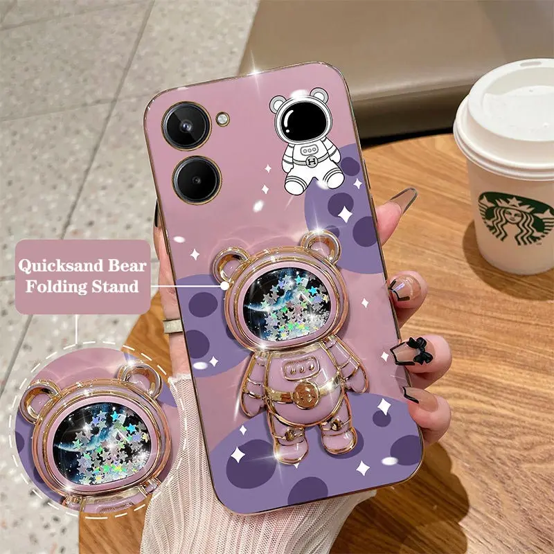 

Quicksand Astronaut Plating Phone Holder Case For OPPO Realme 10 9 9i 8 8i 7 7i C30 C31 C35 C20 C21Y C25 C25S C11 C15 C12 Cover