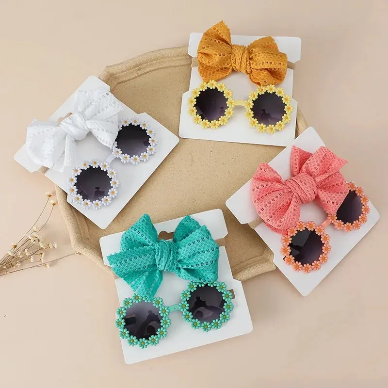 Kids Sunglasses Headband Set Daisy Flower Round Toddler Sun Glasses Girls Sun Protection Eyewear 2Pcs