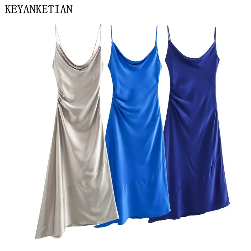 

KEYANKETIIAN New Summer Asymmetrical Design Women's Silk Satin Strap Dress Inner Style High-Waisted Sleeveless MIDI Dress