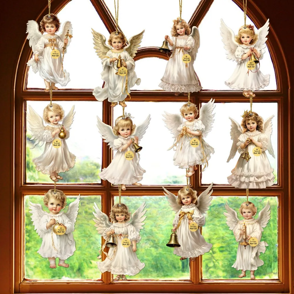 36/12pcs Christmas Vintage Wooden White Angel Pendant Merry Christmas New Year Pendant Gift Christmas Tree Decor Supplies