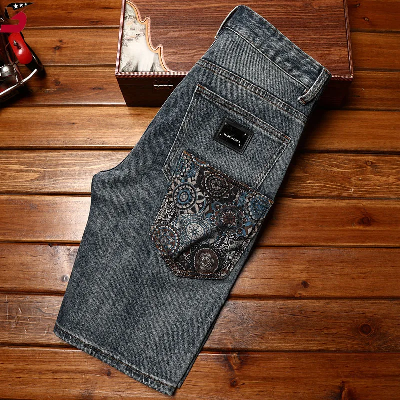Paisley Trendy Denim Shorts Men's Summer Fashion Printed Casual Cool Street Stretch Slim Cropped Pants Summer
