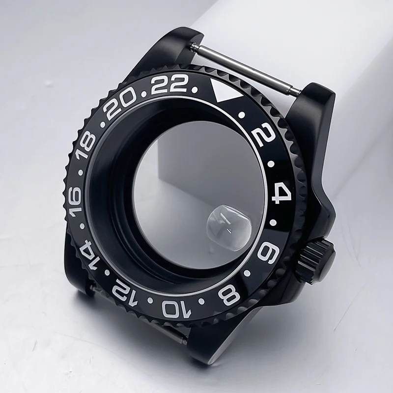 All-Black Sub Style Watch Case with Rubber Strap and Sapphire Crystal