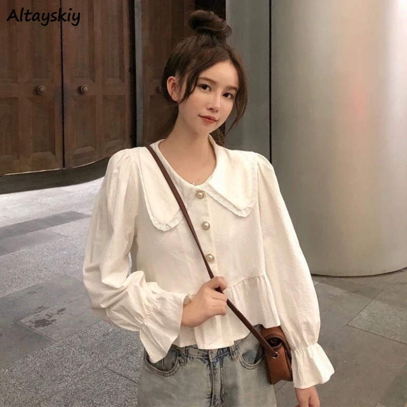 

Shirts Women Kawaii Peter Pan Collar Spring College French Style All-match Casual Fashion Tender Simple Basic Camisas De Mujer