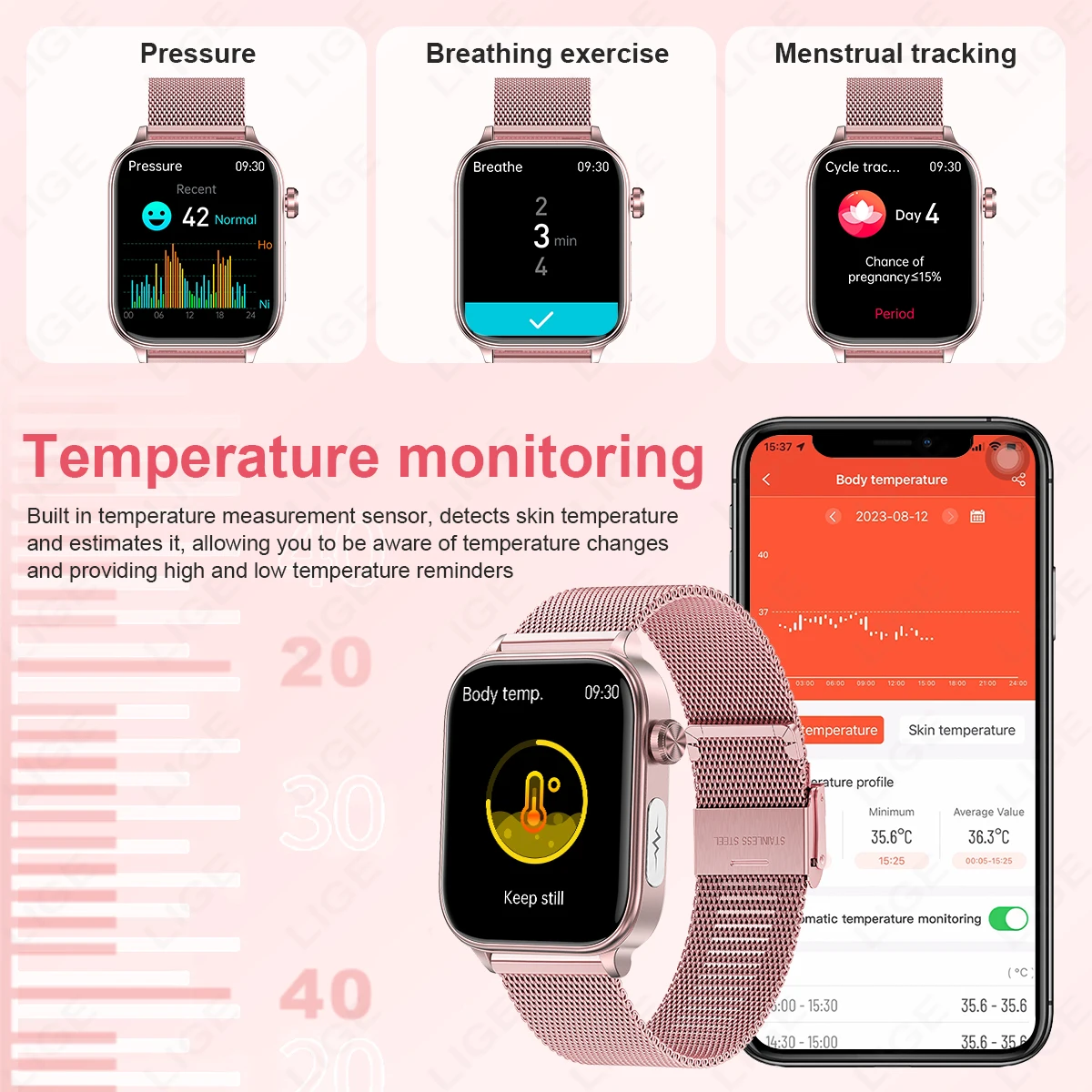 LIGE 2025 New ECG+PPG Smart Watch Women Blood Pressure Pulse Blood Lipid Uric Acid Female Menstrual Health Tracker Smartwatches