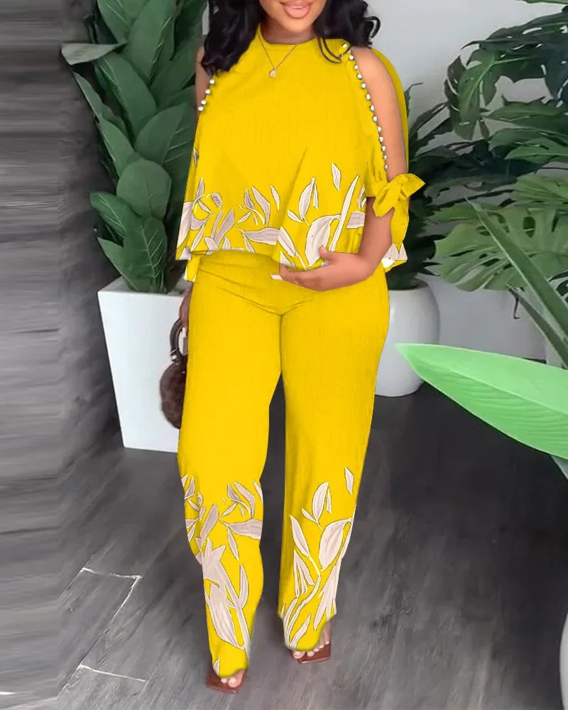Summer Fashion Printing Two Piece Set African Women Casual Sleeveless Top Wide Leg Pants Loose Two Piece Set Women