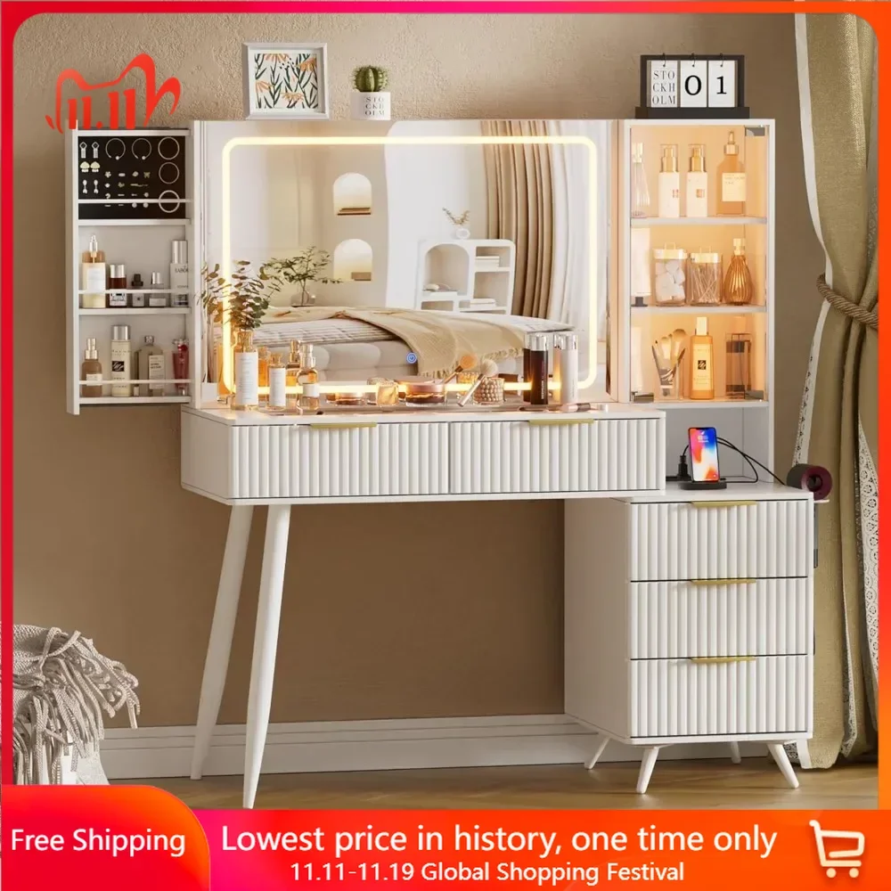 Vanity Makeup Desk Mirror and Lights & Charging Station Vanity Table 5 Drawers Dressers 3 Shelves
