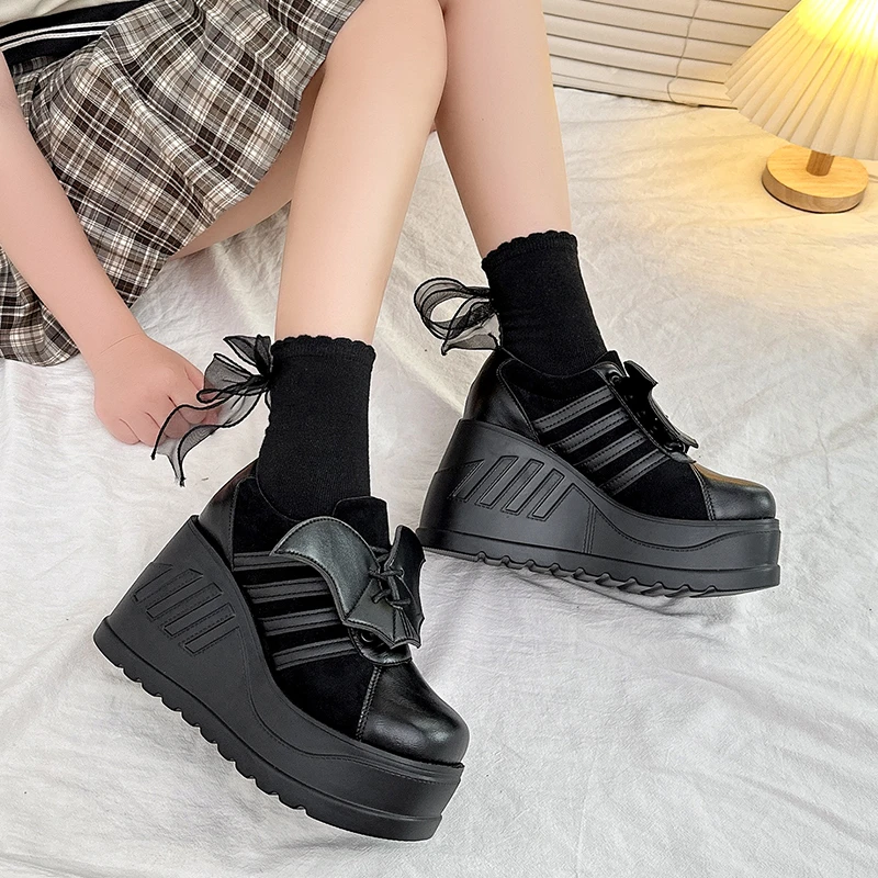 

Женские туфли на танкетке, черные туфли в готическом стиле, на платформе и высоком каблуке, размер 43, для косплея, 2023