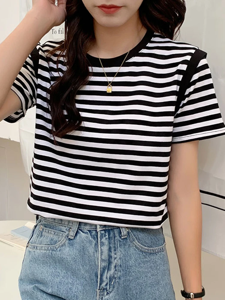 2025 New Striped T-shirts Women Top Tee Summer Cotton Short