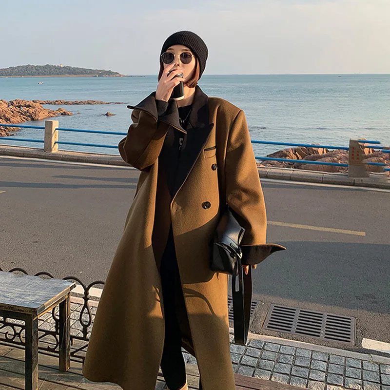 京都姉妹 ウール生地のコート 対照的な色 女性用 春と秋のコート ラペル付きシングルブレスト カジュアル コーヒーカラー アウター 22 激安販壳サイト Signature Johaness Com