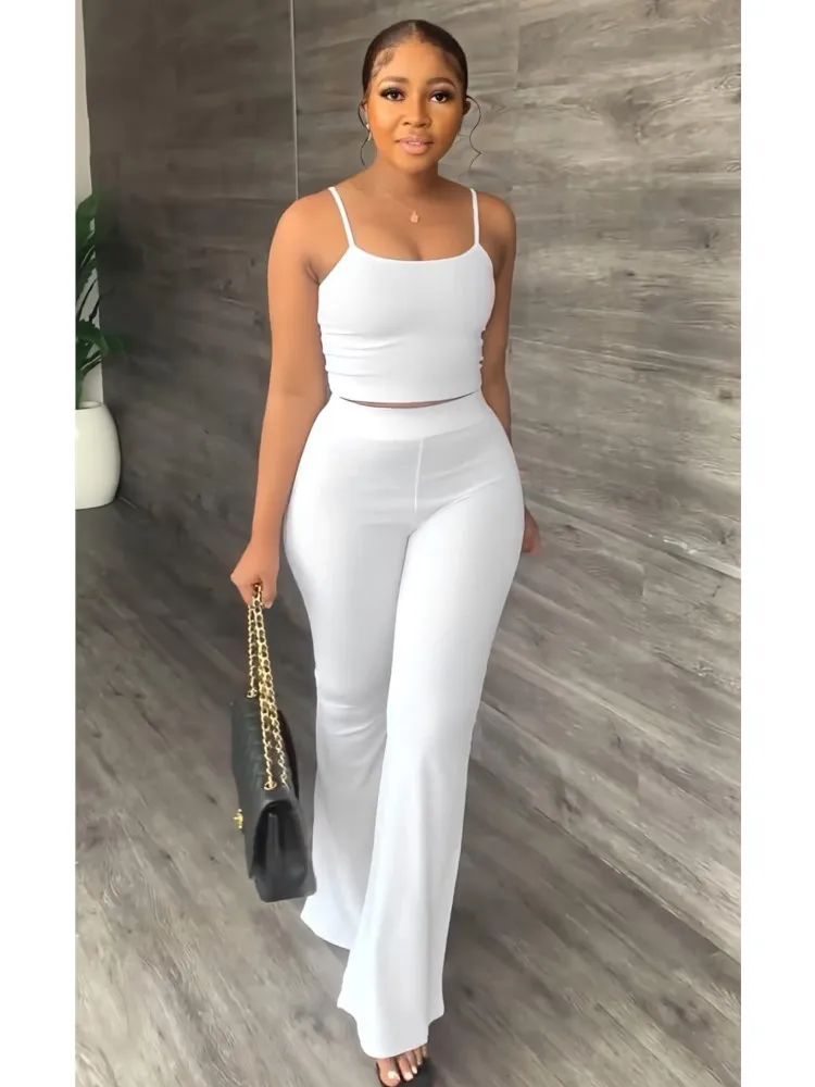 

Новый однотонный сексуальный жилет на бретелях для женщин, летний костюм, модные облегающие расклешенные брюки, простой элегантный женский офисный комплект из 2 предметов
