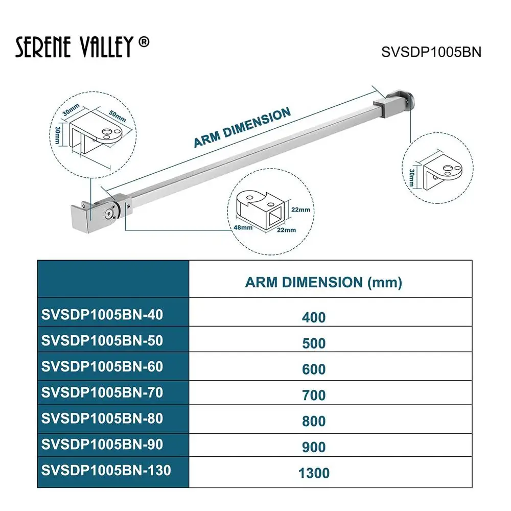 Glass Support Arm Frameless Shower Door Brushed Nickel Wall-to-Glass Bar 1/4" 3/8" 51 3/16-in 3