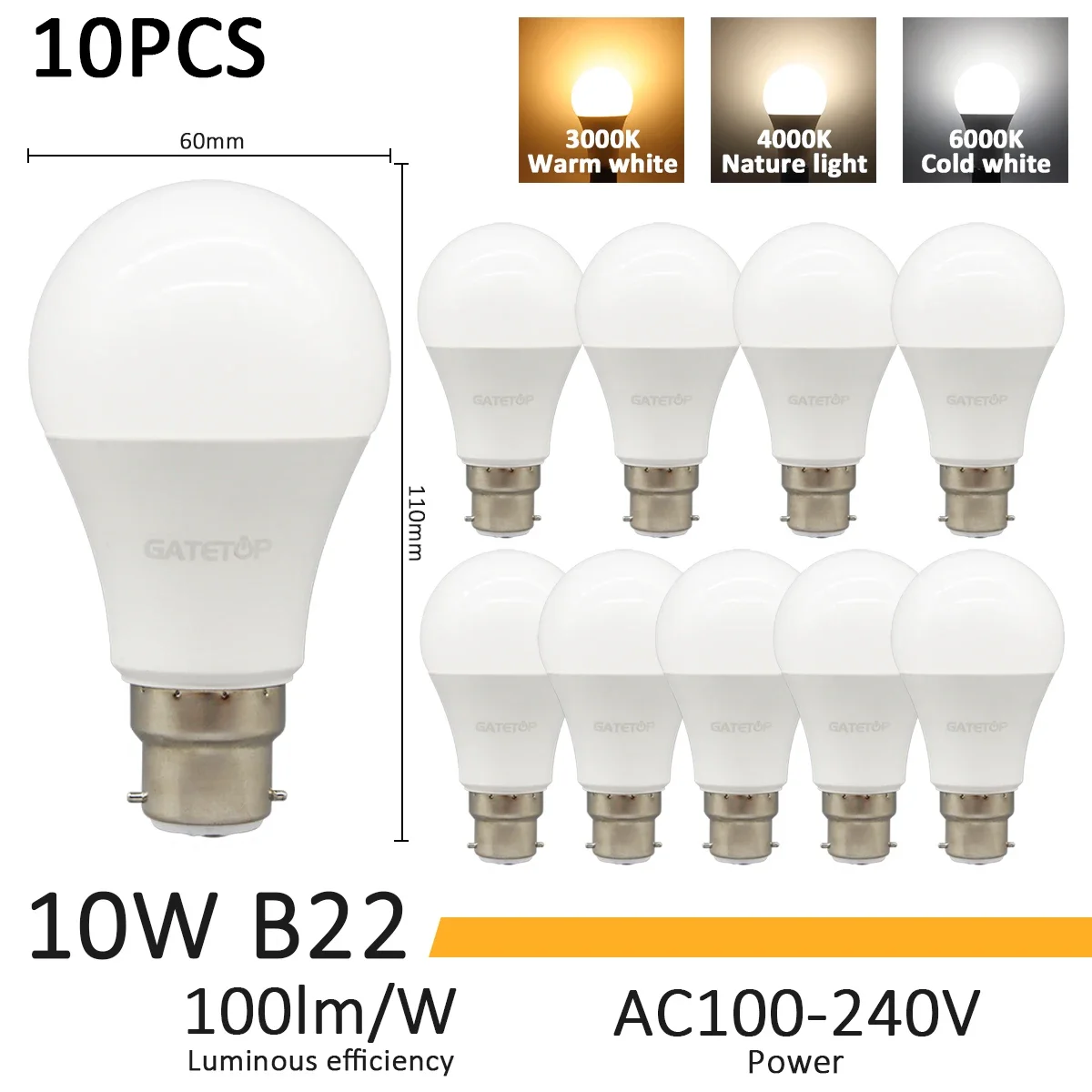 10pcs 10W B22
