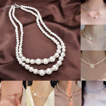 Korean Double Layer Pearl Choker Necklace For Women Silver Gold Color Necklaces & Pendants Jewelry Charm Jewellery Collier Femme