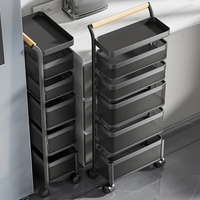 Stainless Steel Ultra Narrow Kitchen Shelf Floor Standing Refrigerator Trolley Bathroom Cabinet Mobile Storage Rack Furniture