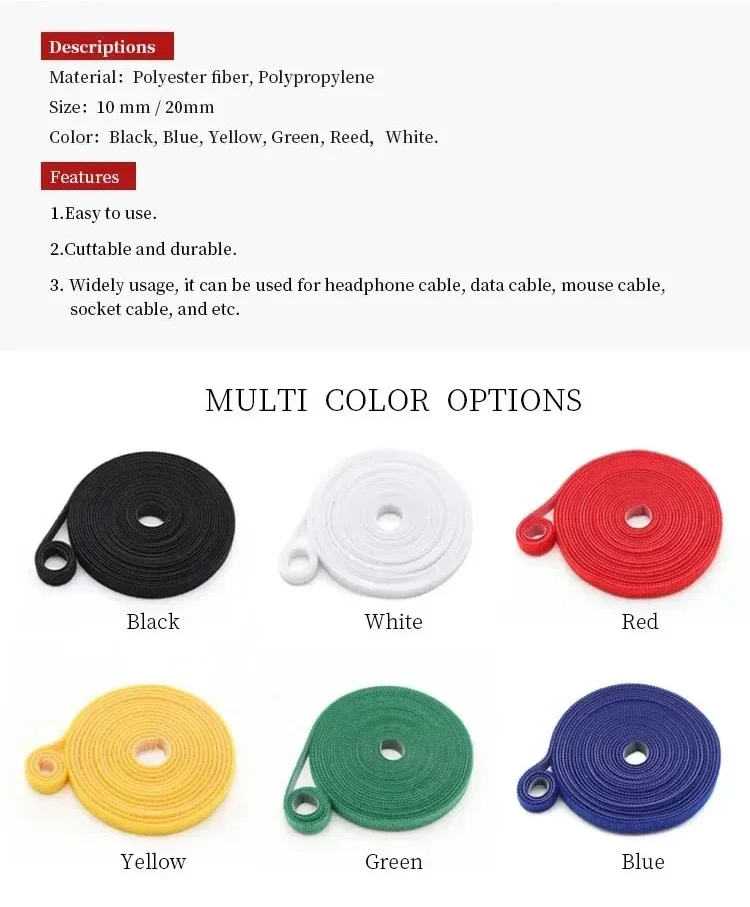 Description Picture 2 of item5m/roll Cable Tie Holder Self Adhesive Tape 10/15/20/25mm Nylon Strap Cable Management Strips Wire Organizer Fastener