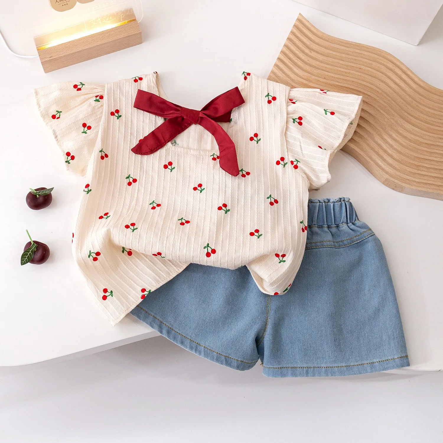 

Girls Set Summer New Top+Shorts Simple Cartoon Cherry Print Bow Lace Short Sleeve Denim Shorts Set Children's Clothing