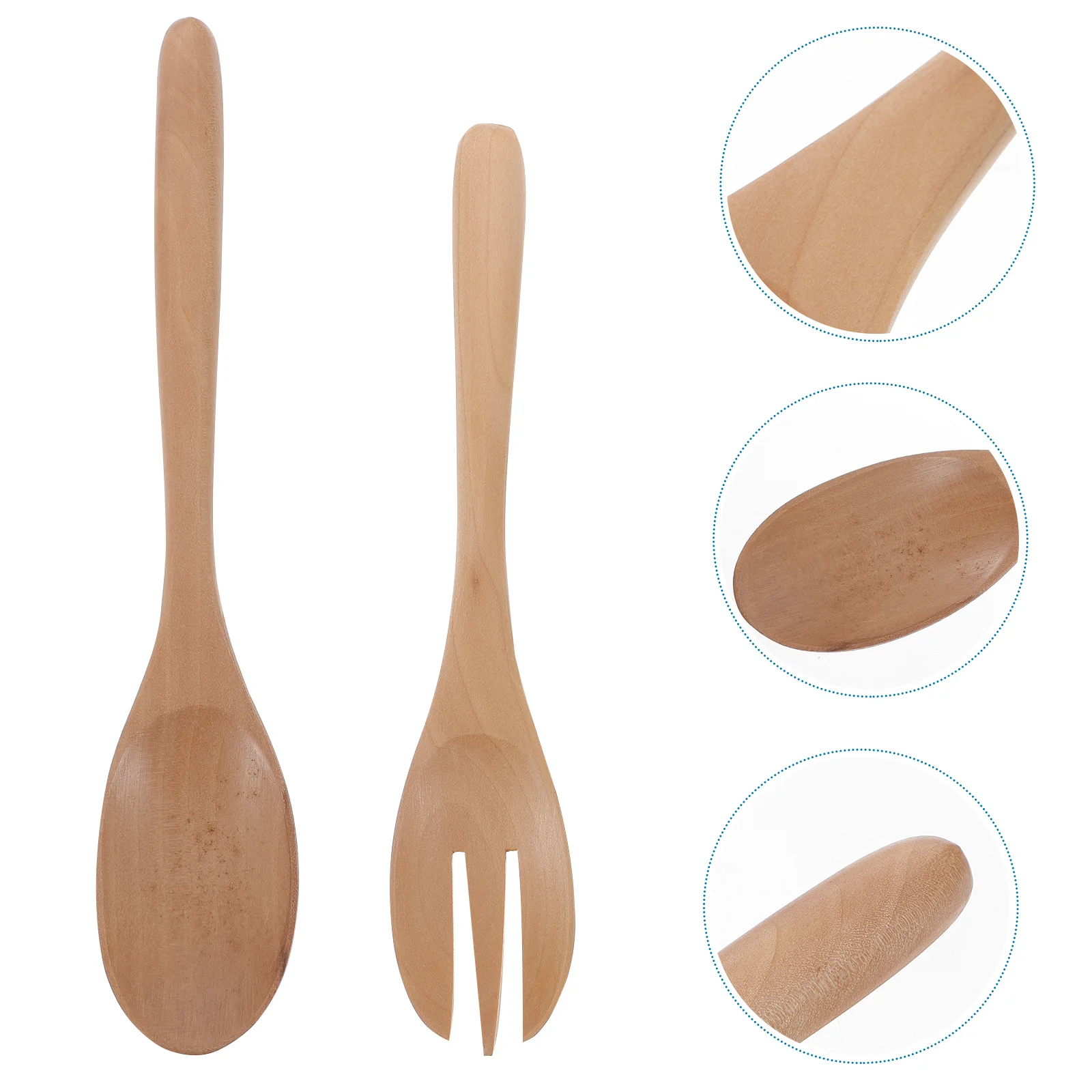 

1 Set 2pcs Salad Spoon Round Wood Spoon and Fork Salad Servers Wood Color