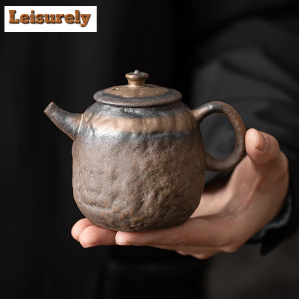 220ml Handmade Gilded Iron Glazed Teapot Old Rock Mud Stubborn Stone Pot Tea Brewing Kettle with Infuser Puer Tea Items Craft
