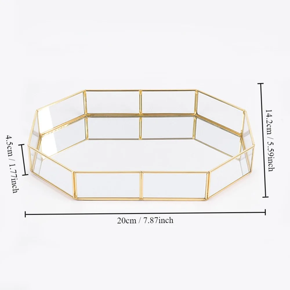 Polygonal Gold Mirror Tray,Beautiful and Elegant Glass Decorative Tray Multi-purpose Durable Vanity Tray Makeup Tray 6
