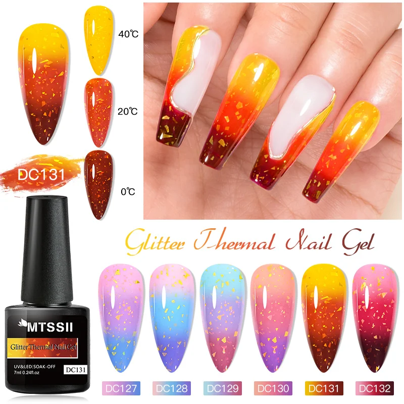 Mtssii 7ml Gold Glitter Thermal Gel Nail Polish Gold Foils 3 Lays Color Changing Soak Off UV LED Semi Permanent Varnish