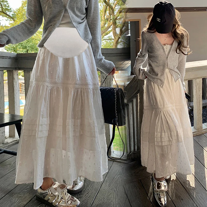 Korean Style Maternity White Skirts Hollow Out Lace Patchwork High Waist Pregnant Woman Ball Gown Cake Skirts Pregnancy Skirt