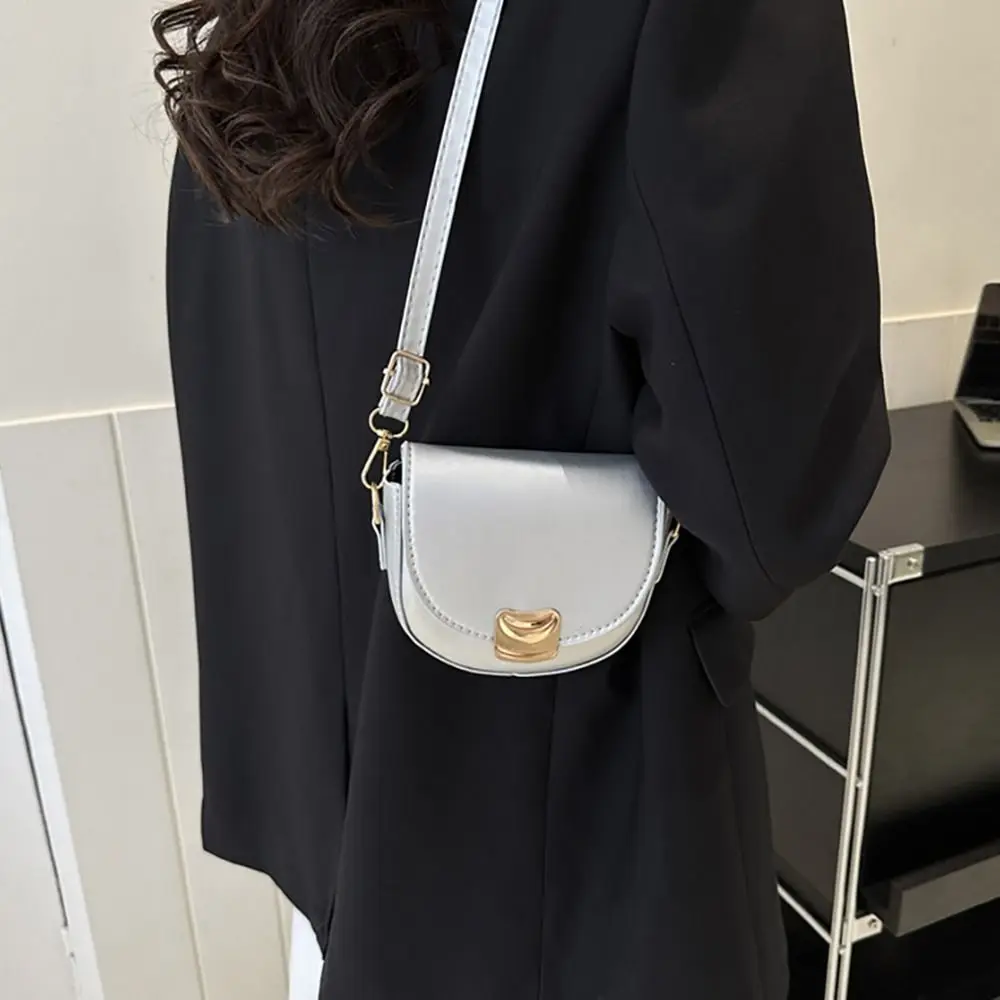 

Y2k Silver Small Saddle Bag New PU Leather Korean Shoulder Bag Simple Solid Color Messenger Bag Girls